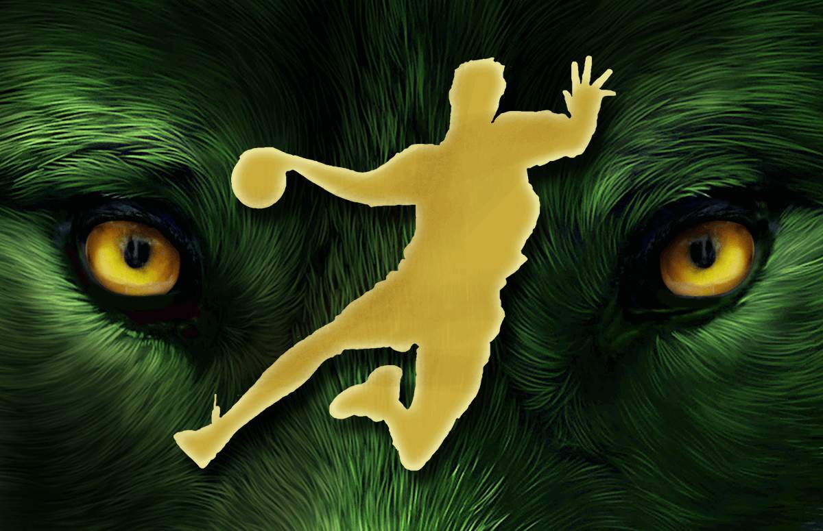 handball player throwing a ball, face of an wolf in the background